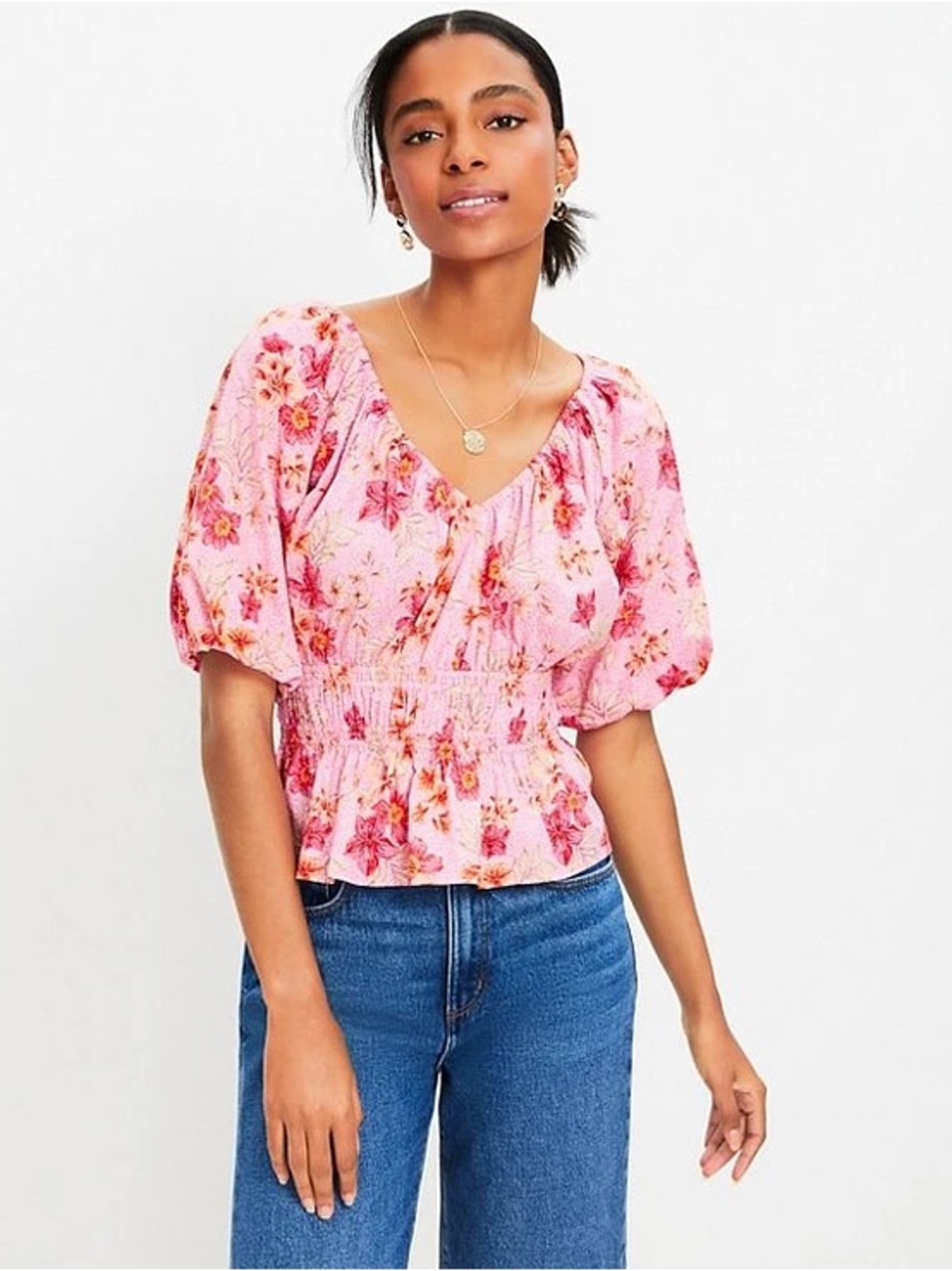 NWT LOFT ‘Lily Gathered Waist V-Neck Blouse’ in Pink Floral Print Size Large - Picture 2 of 13